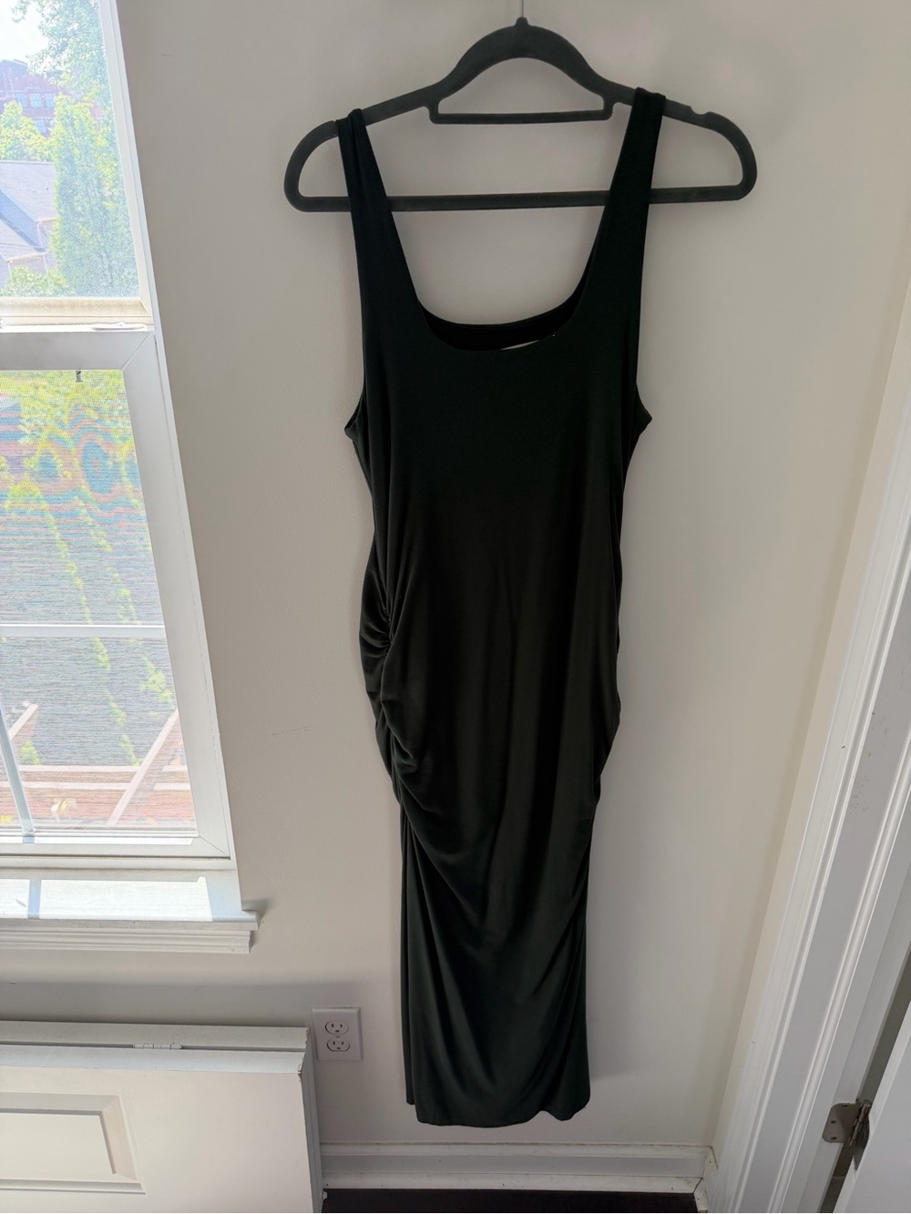 Classic Olive Tone Sleeveless Ruched Midi Dress